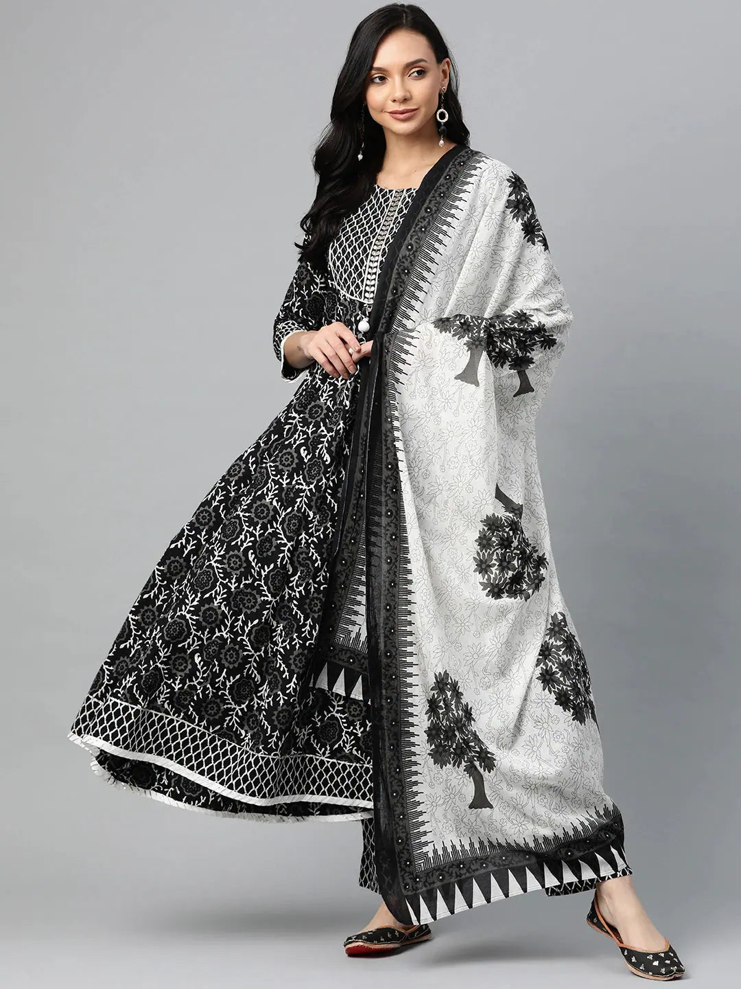 Black & White Printed Cotton Kurta Set with Dupatta For Women