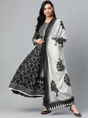 Women Black White Printed Sequinned Pure Cotton Kurta With Trousers Dupatta