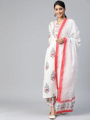 Women Off White Red Ethnic Motifs Printed Pure Cotton Kurta With Salwar Dupatta
