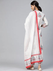 Women Off White Red Ethnic Motifs Printed Pure Cotton Kurta With Salwar Dupatta
