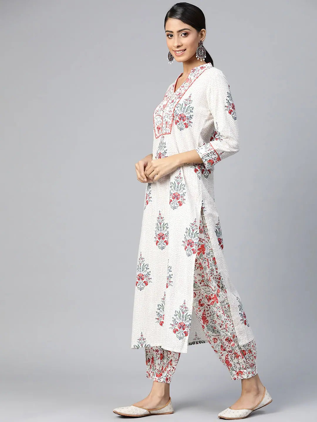 Off White Ethnic Print Cotton Kurta Set - Indian Kurta Sets