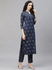 Women Navy Blue Floral Printed Regular Pure Cotton Kurta With Palazzos With Dupatta