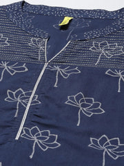 Women Navy Blue Floral Printed Regular Pure Cotton Kurta With Palazzos With Dupatta