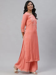 Women Peach Coloured Yoke Design Pure Cotton Kurta With Palazzos Dupatta
