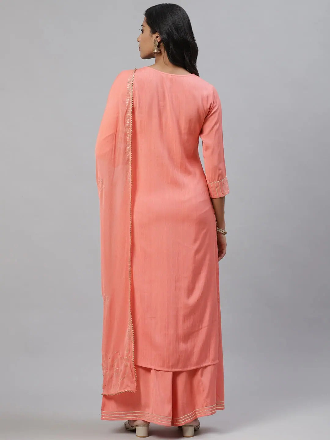 Peach Embroidered Cotton Kurta and Palazzo Set With Dupatta