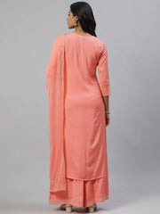 Women Peach Coloured Yoke Design Pure Cotton Kurta With Palazzos Dupatta