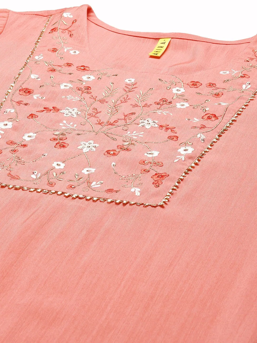 Peach Embroidered Cotton Kurta and Palazzo Set With Dupatta