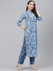 Women Blue Ethnic Motifs Print Pure Cotton Kurta With Trousers Dupatta