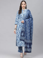 Women Blue Ethnic Motifs Print Pure Cotton Kurta With Trousers Dupatta