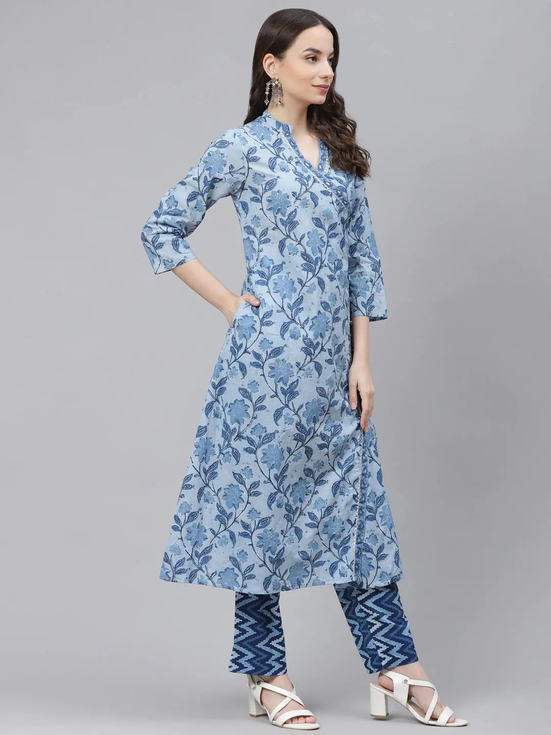 Classic Blue Cotton Kurta Set with Dupatta - Women's Indian Kurta Sets