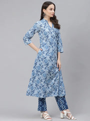 Women Blue Off White Ethnic Motifs Print Cotton Kurta With Trousers Dupatta