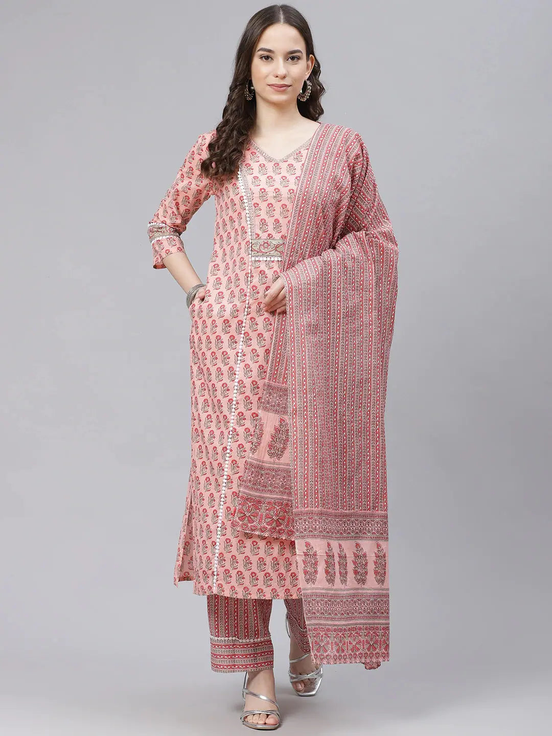 Peach & Green Printed Cotton Kurta Set | Women's Kurta Sets