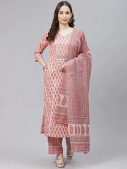 Women Peach Coloured Green Printed Cotton Kurta With Trousers Dupatta