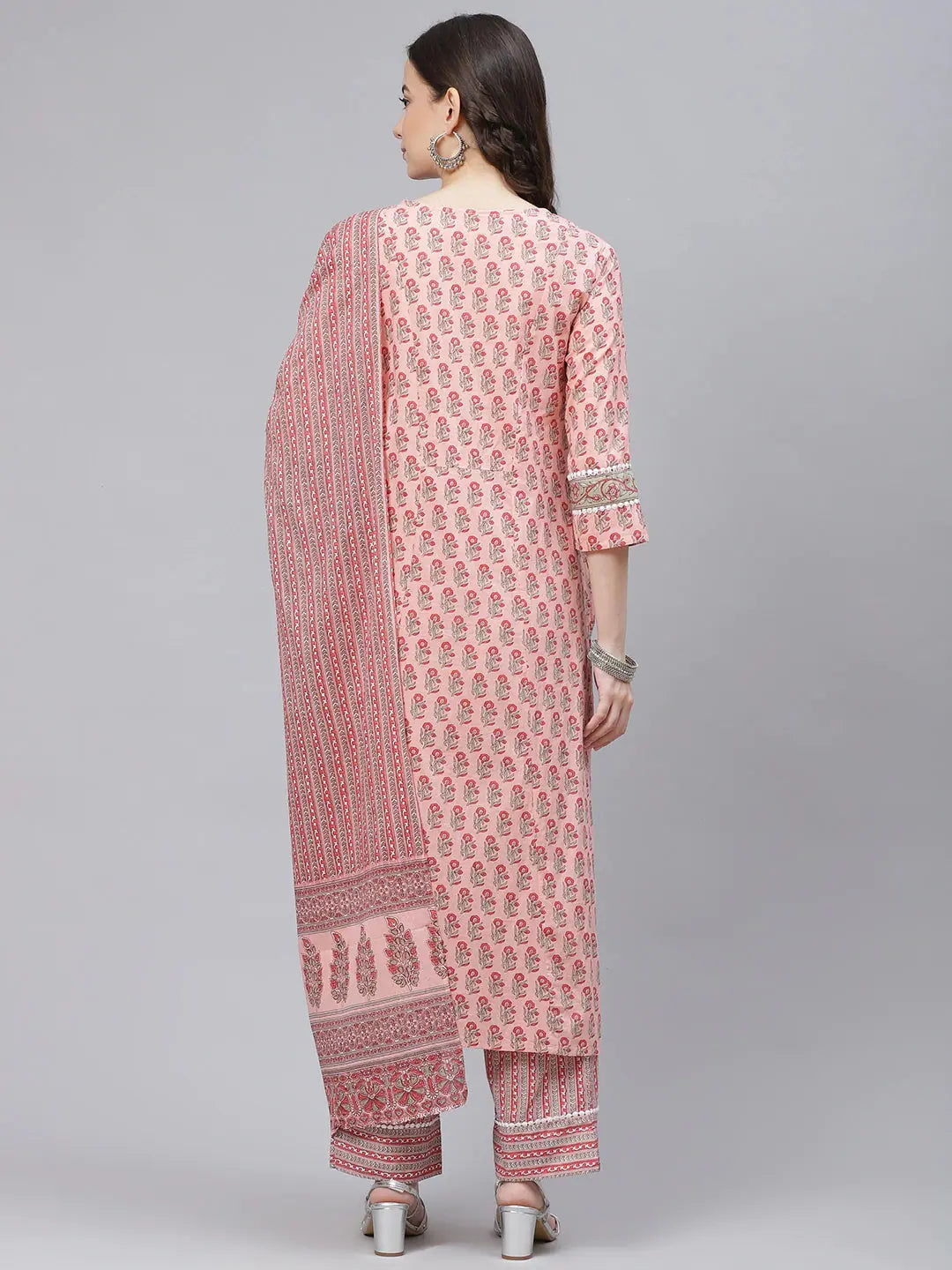 Peach & Green Printed Cotton Kurta Set | Women's Kurta Sets