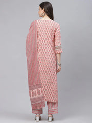 Women Peach Coloured Green Printed Cotton Kurta With Trousers Dupatta