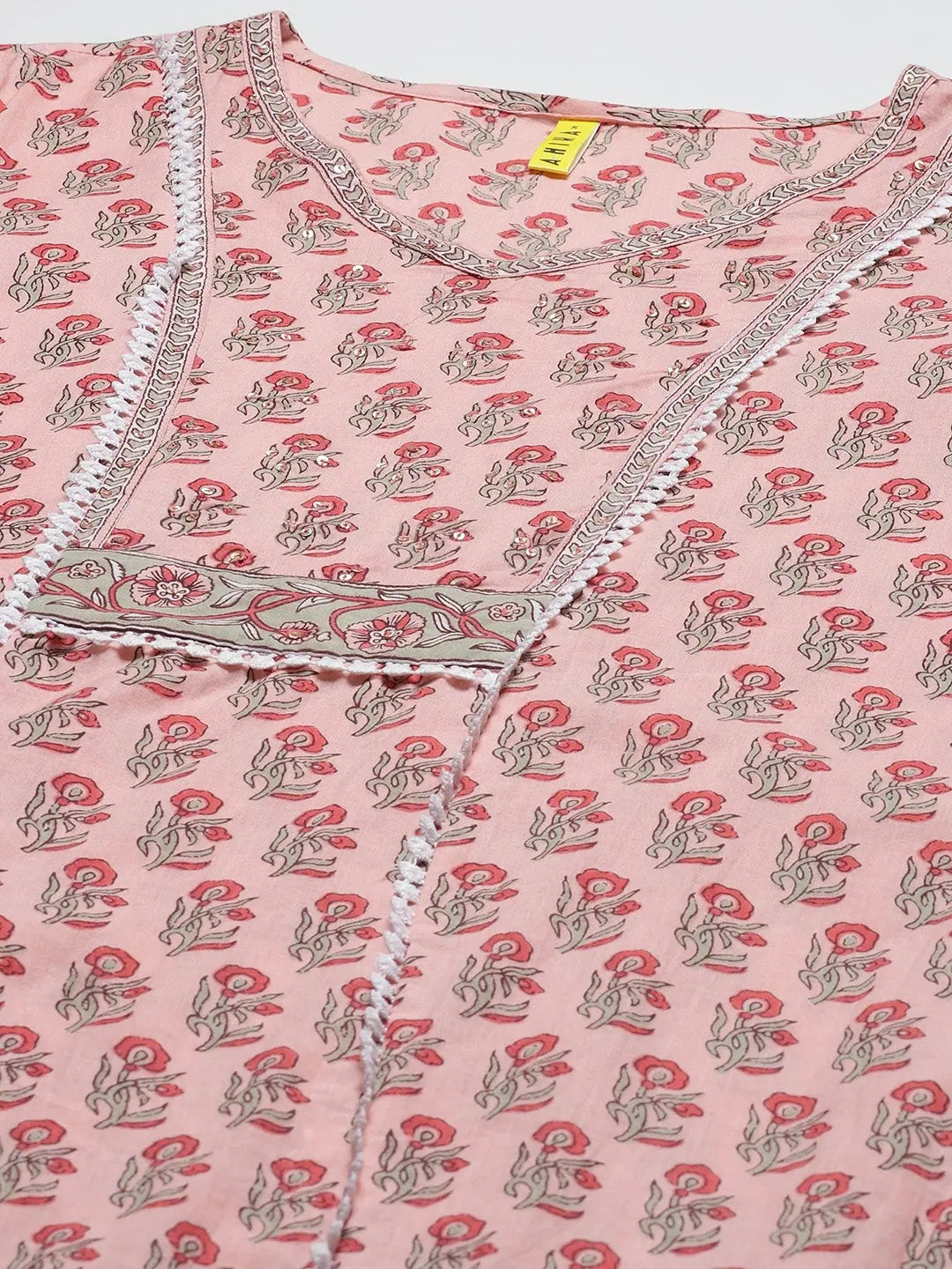 Peach & Green Printed Cotton Kurta Set | Women's Kurta Sets