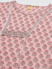 Women Peach Coloured Green Printed Cotton Kurta With Trousers Dupatta