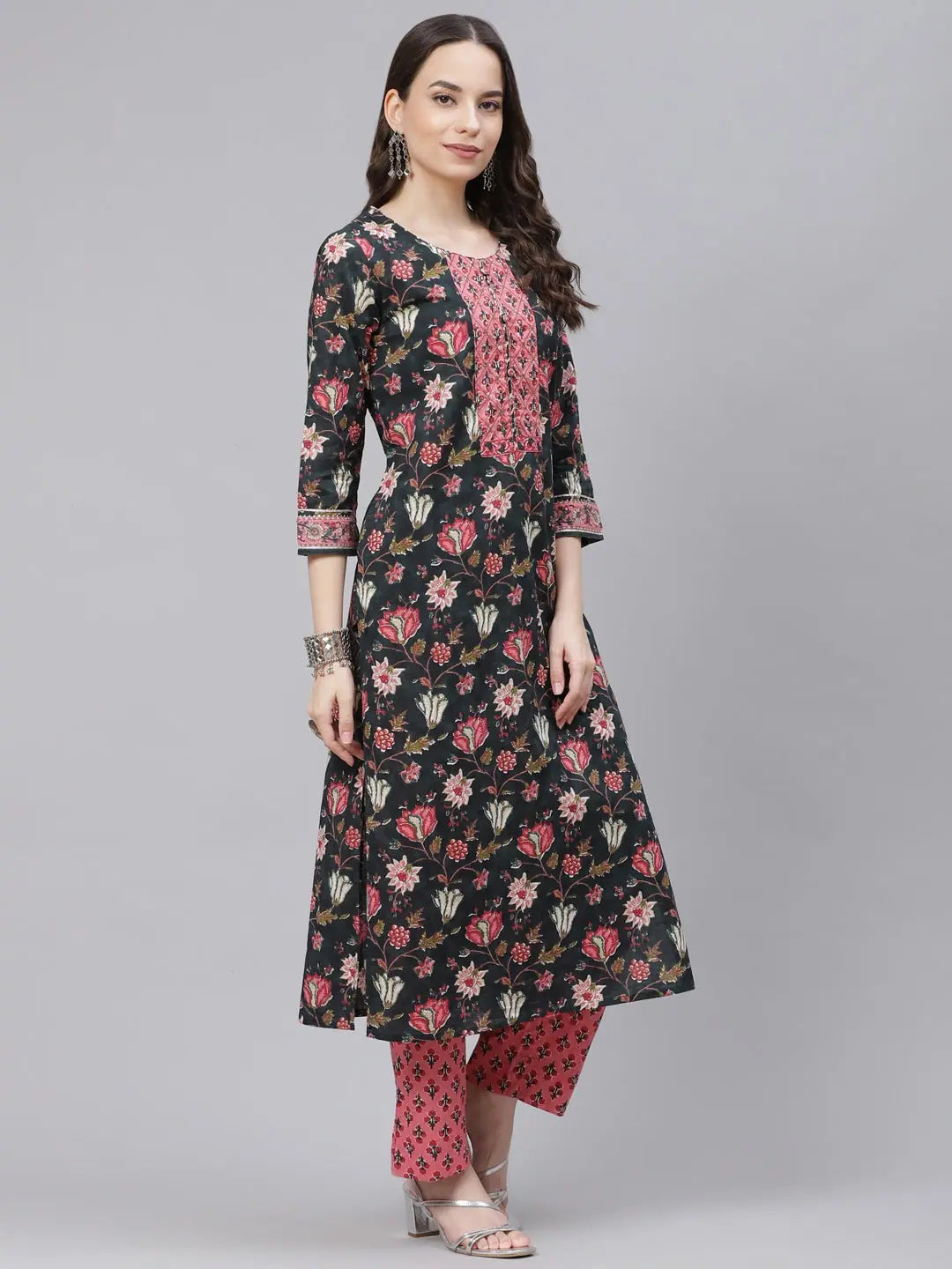 Teal Blue & Pink Cotton Kurta Set with Dupatta | Indian Kurta