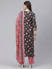 Women Teal Blue Pink Ethnic Motifs Print Cotton Kurta With Trousers Dupatta