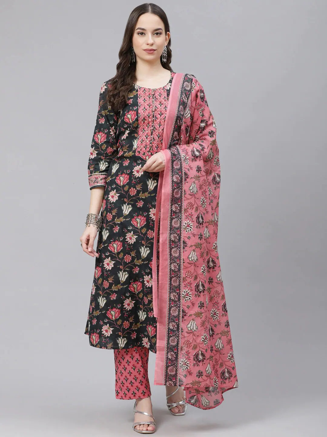 Teal Blue & Pink Cotton Kurta Set with Dupatta | Indian Kurta