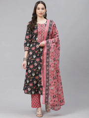 Women Teal Blue Pink Ethnic Motifs Print Cotton Kurta With Trousers Dupatta