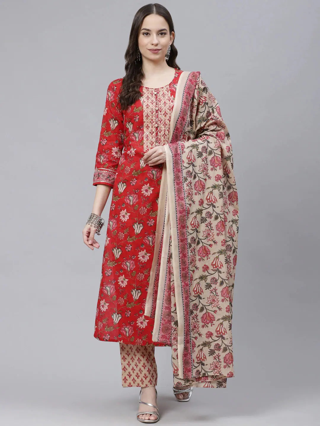 Red Printed Cotton Kurta Set with Dupatta | Women's Indian Kurta