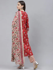 Women Red Cream Coloured Printed Cotton Kurta With Trousers Dupatta