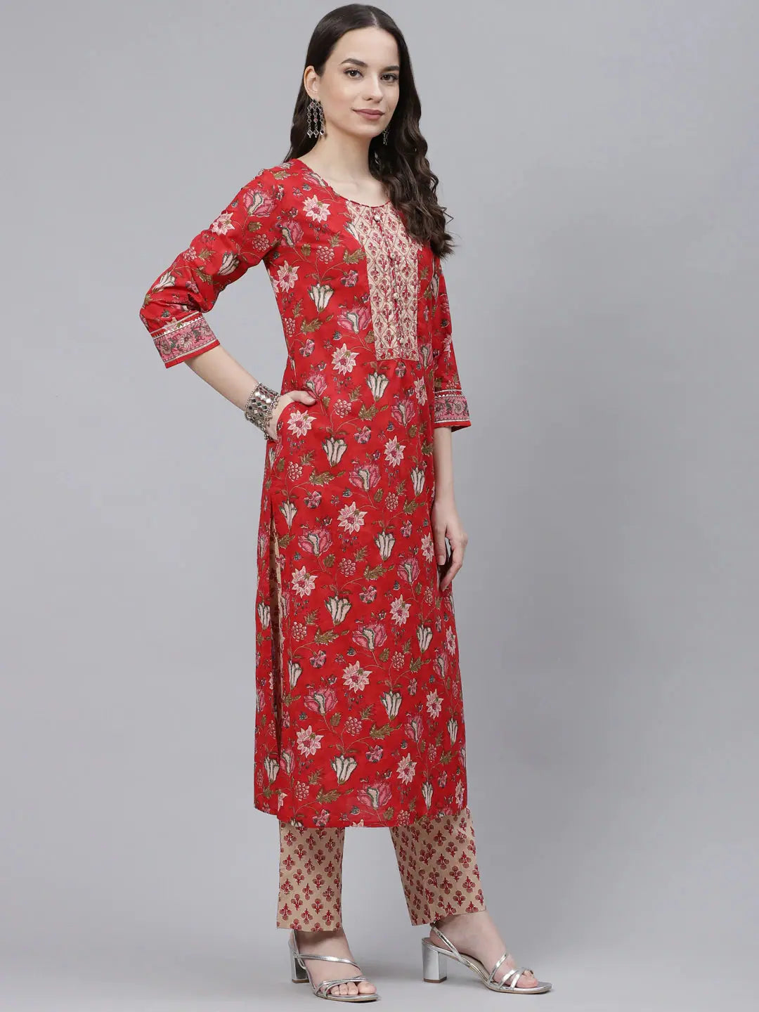 Red Printed Cotton Kurta Set with Dupatta | Women's Indian Kurta