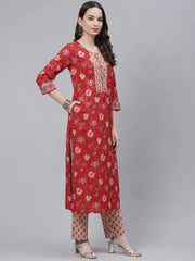 Women Red Cream Coloured Printed Cotton Kurta With Trousers Dupatta