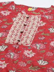 Women Red Cream Coloured Printed Cotton Kurta With Trousers Dupatta