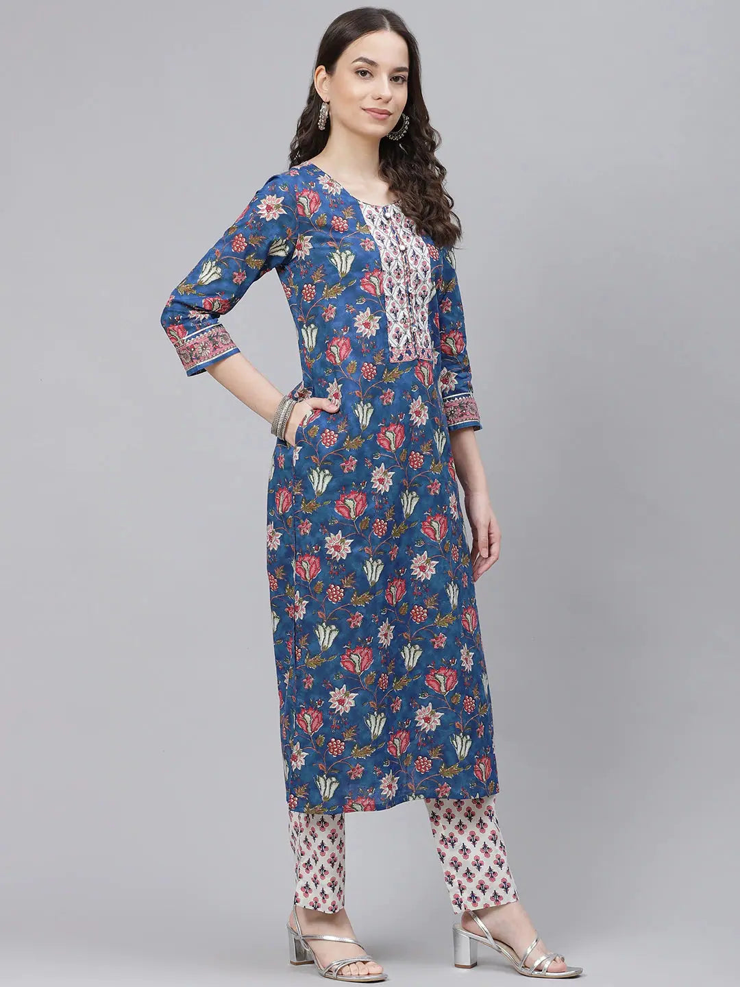 Blue & White Cotton Kurta Set with Dupatta | Women's Kurta Sets
