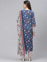 Women Blue White Ethnic Motifs Print Pure Cotton Kurta With Trousers Dupatta