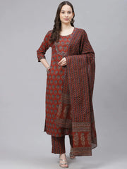 Women Rust Orange Navy Blue Printed Cotton Kurta With Trousers Dupatta