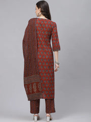 Women Rust Orange Navy Blue Printed Cotton Kurta With Trousers Dupatta