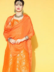 Women Orange Floral Woven Design Pure Cotton Kurta With Trousers With Dupatta Set