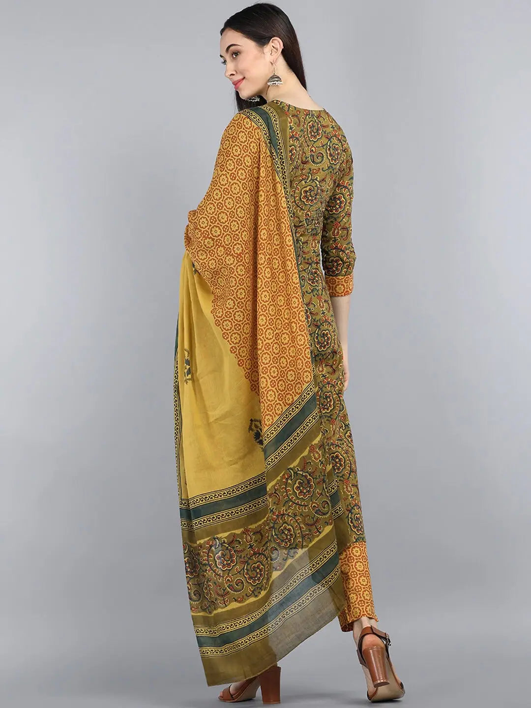 Green Floral Cotton Kurta Set with Dupatta | Women's Indian Kurta