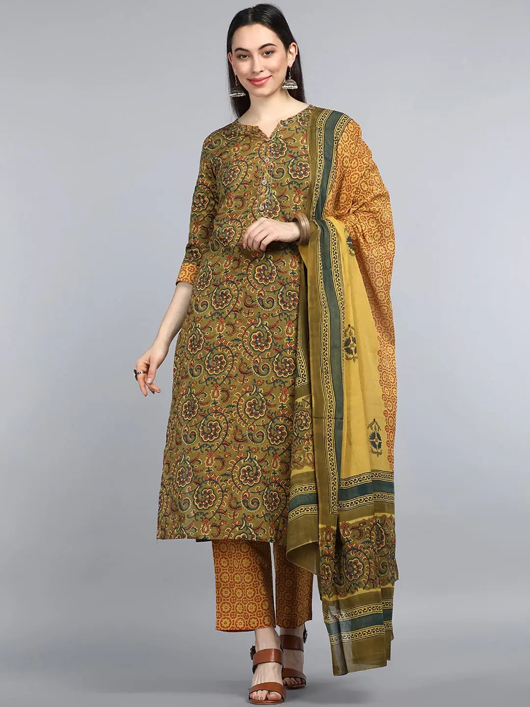 Green Floral Cotton Kurta Set with Dupatta | Women's Indian Kurta