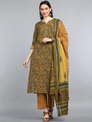 Women Green Yellow Floral Printed Pure Cotton Kurta With Trousers Dupatta Set