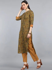 Women Green Yellow Floral Printed Pure Cotton Kurta With Trousers Dupatta Set