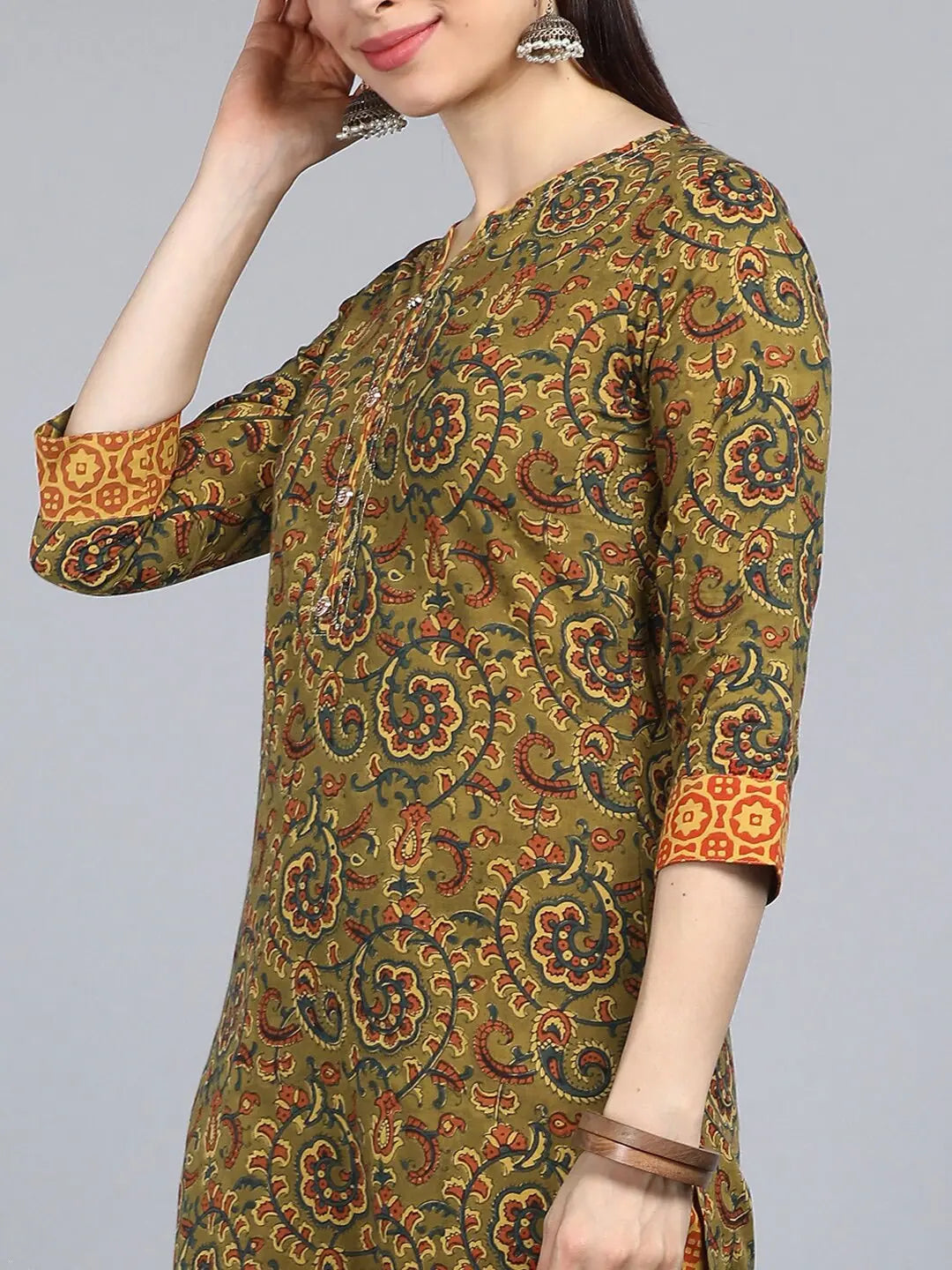 Green Floral Cotton Kurta Set with Dupatta | Women's Indian Kurta