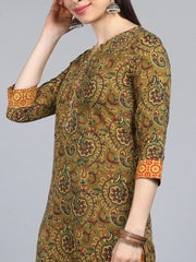 Women Green Yellow Floral Printed Pure Cotton Kurta With Trousers Dupatta Set