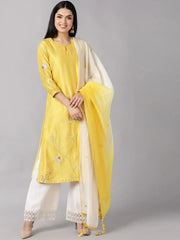 Women Yellow Ethnic Motifs Embroidered Thread Work Kurta With Trousers Dupatta Set