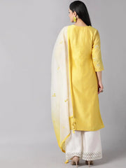 Women Yellow Ethnic Motifs Embroidered Thread Work Kurta With Trousers Dupatta Set