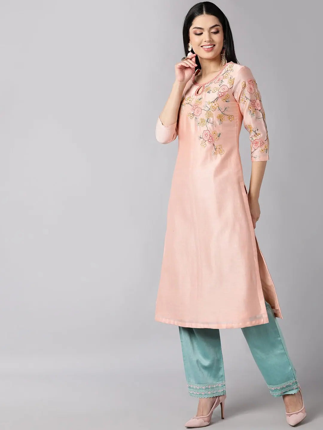 Premium Peach Embroidered Kurta Set With Dupatta | Designer Kurta Sets