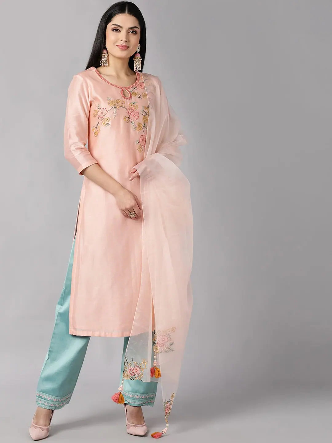 Premium Peach Embroidered Kurta Set With Dupatta | Designer Kurta Sets