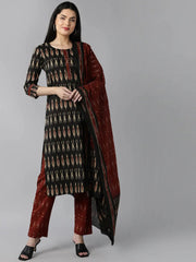 Women Black Ethnic Motifs Printed Panelled Pure Cotton Kurta With Trousers