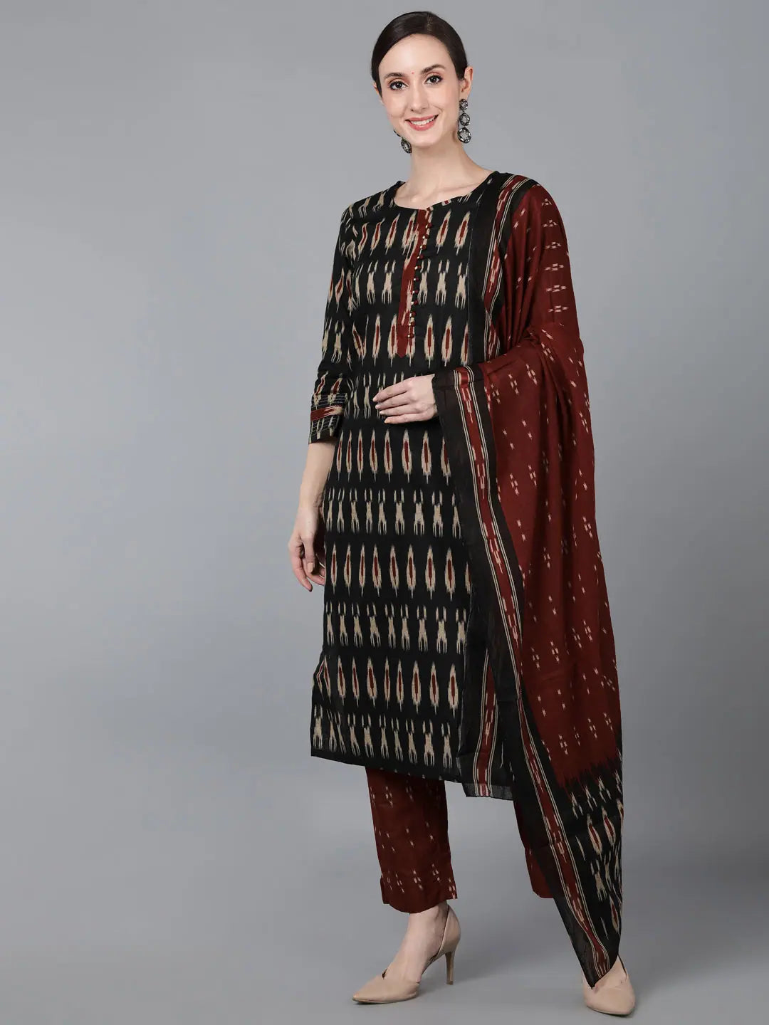 Black Abstract Print Cotton Kurta Set with Dupatta | Women's K...