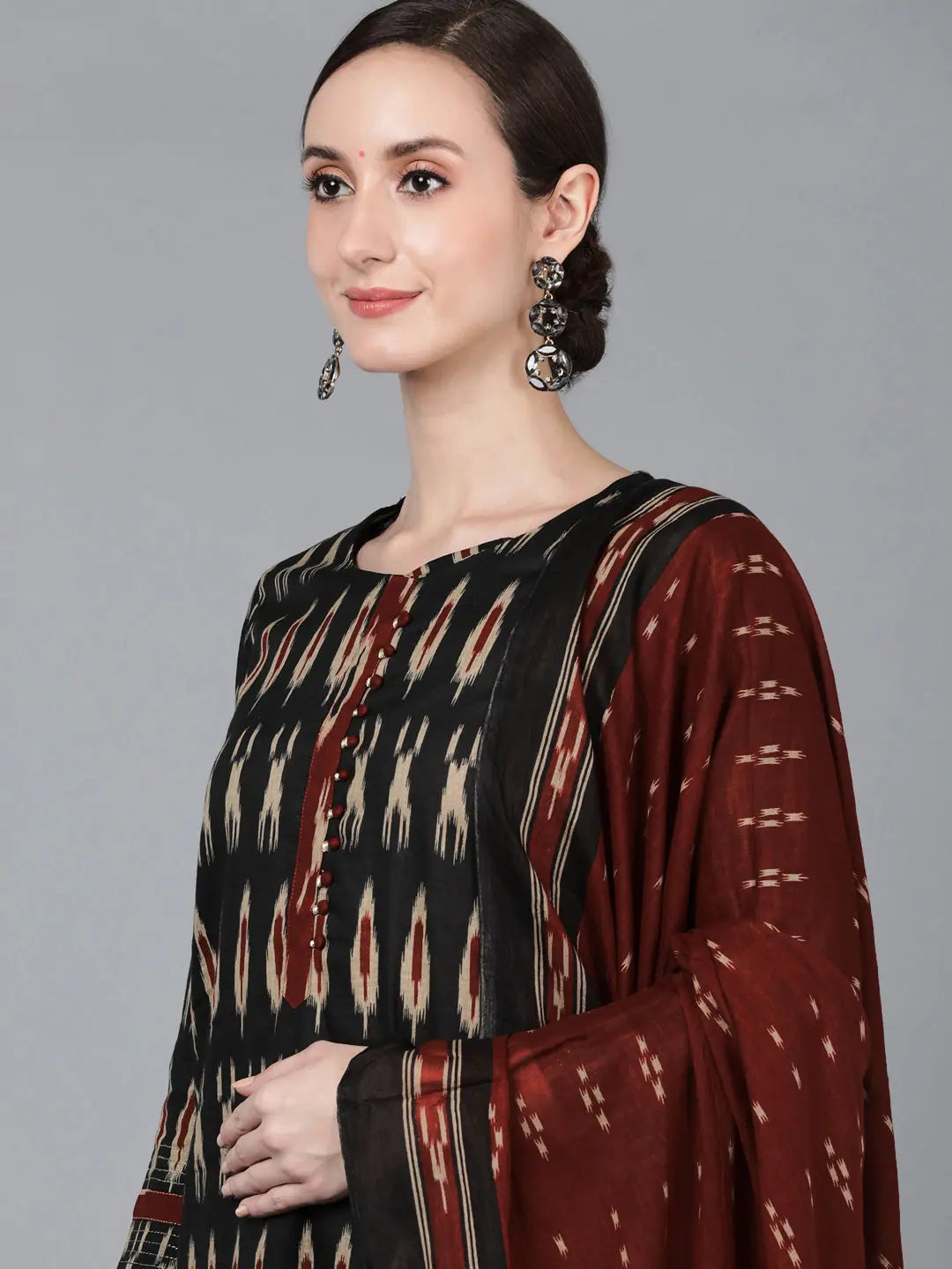 Black Abstract Print Cotton Kurta Set with Dupatta | Women's K...