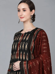 Women Black Pure Cotton Abstract Printed Kurta Trousers With Dupatta 1