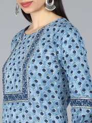 Women Blue Floral Printed Pure Cotton Kurta With Trousers With Dupatta
